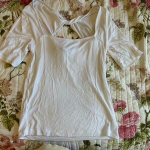 LOFT White Ribbed Square-Neck Short Sleeve Top